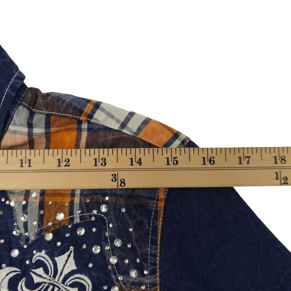 Affliction Snap Front Shirt Womens S Roll Tab 3/4 Sleeve Blue Cross Rhinestones - Picture 6 of 16